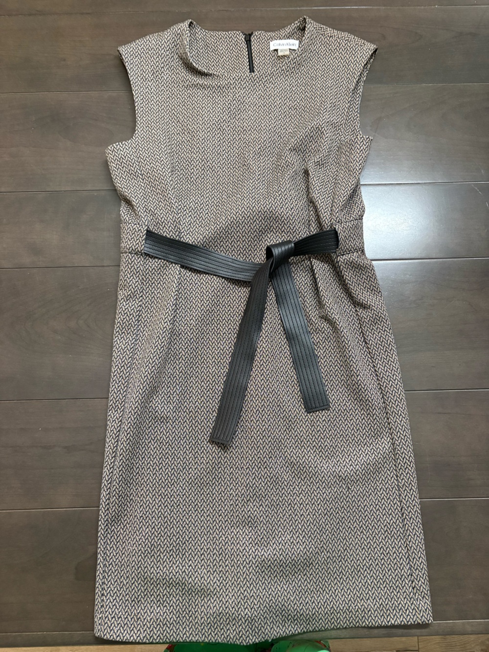 Calvin Klein Brown Chevron Sheath Dress with Black Belt
